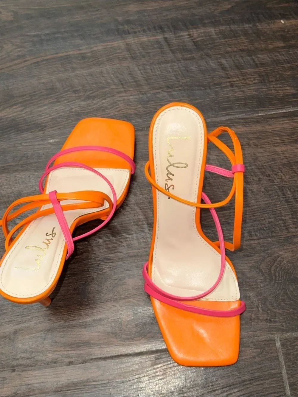 Lulus Swoy Orange Pink Colorblock Strappy Ankle Wrap Stiletto Heels Size 6.5